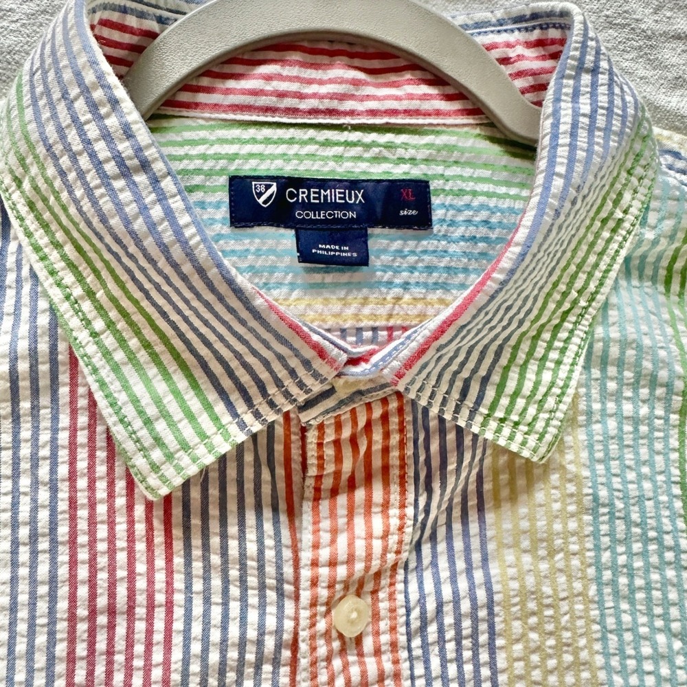 Cremieux Button Down Shirt Mens XL Short Sleeve Seersucker Stripe 100% Cotton